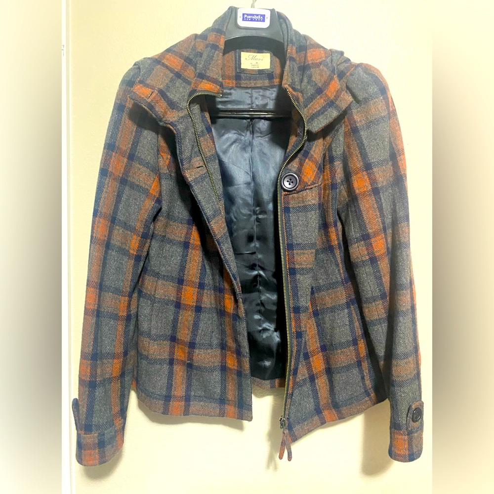 Gently Used Wool Mavi Navy Gray and Burnt Orange plaid zip up coat size M